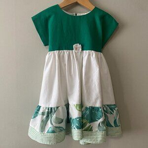 Handmade Children's Green White Linen Viscose Cotton Crochet Flower Dress